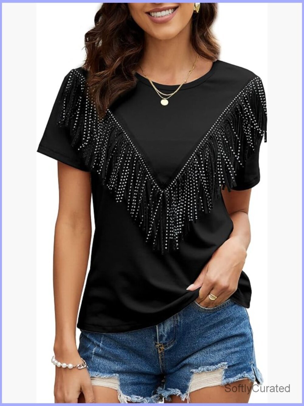 Fringe Trim Tassel Blouse Short Sleeve Crew Neck Tee